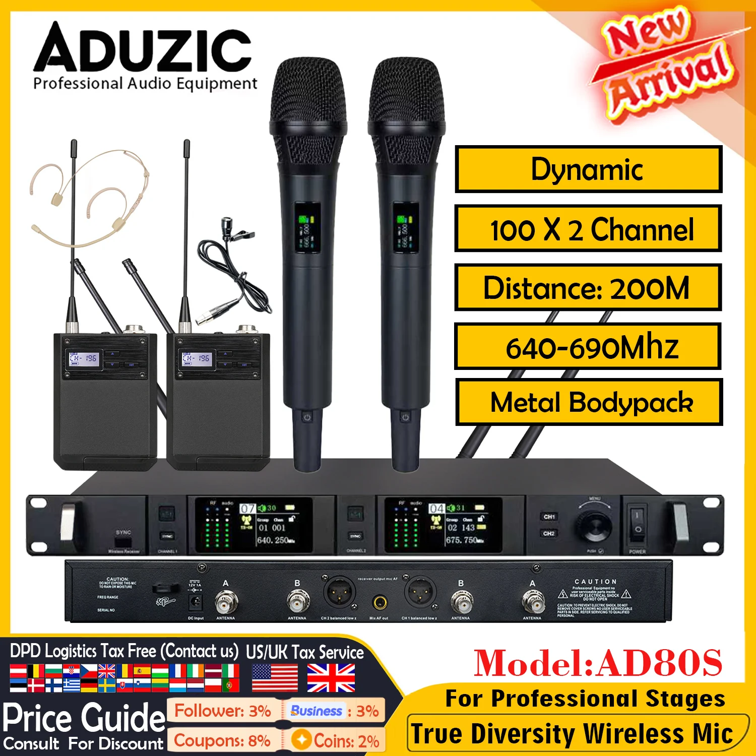 Aduzic AD80S True Diversity 2 Channel Wireless Microphone System 640-690Mhz Handheld Dynamic Mic Professional Stage Microfono