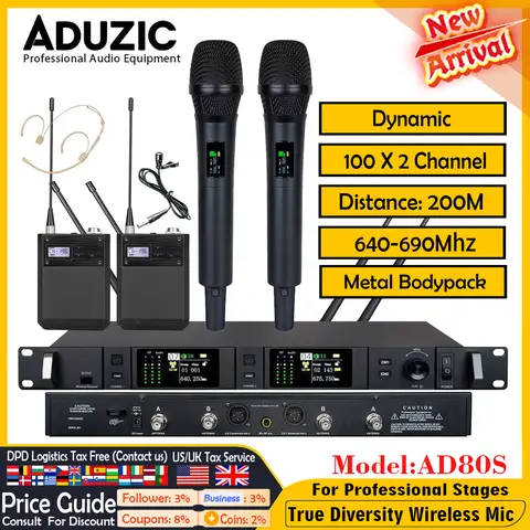 ระบบไมโครโฟนไร้สาย Aduzic AD80S True Diversity 2 ช่องสัญญาณ 640-690Mhz ไมโครโฟนแบบมือถือไดนามิก สำหรับมืออาชีพบนเวที