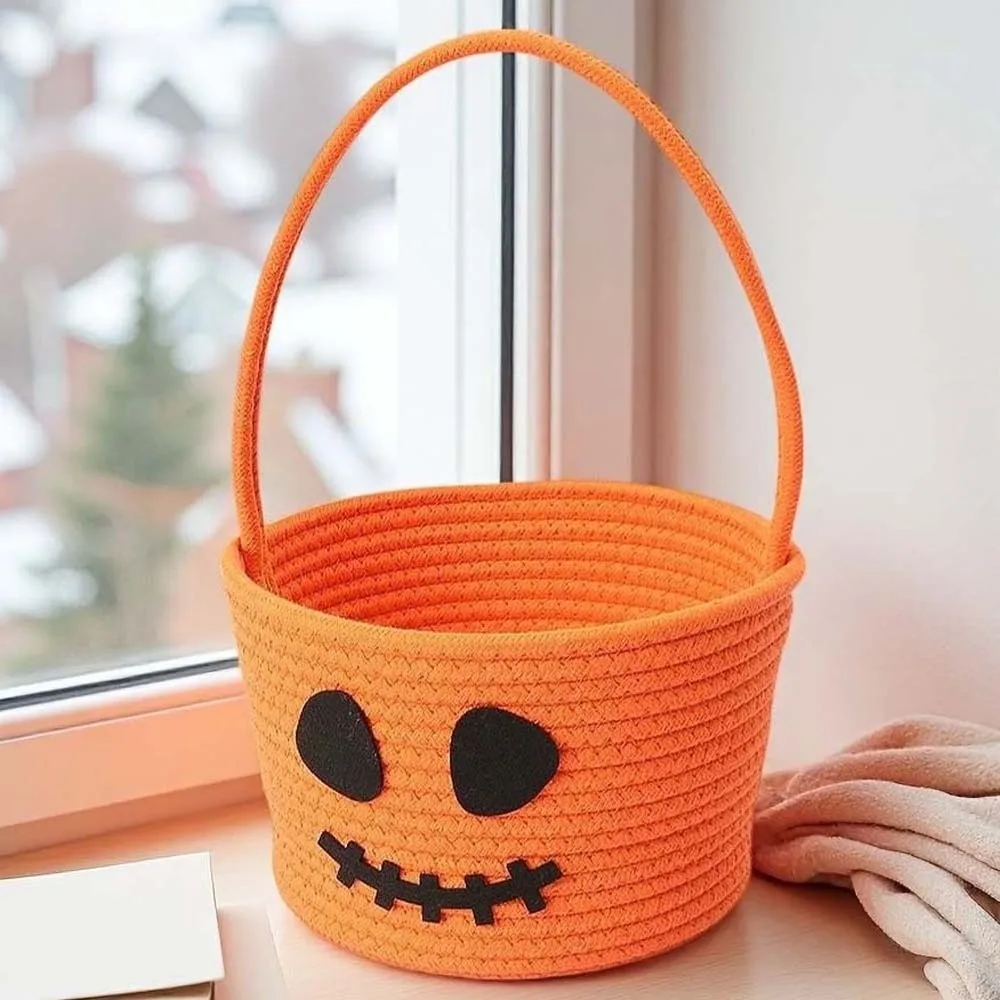 Cotton Pumpkin Candy Bucket Braided Portable Trick Treat Tote Soft Orange Halloween Rope Basket Classroom