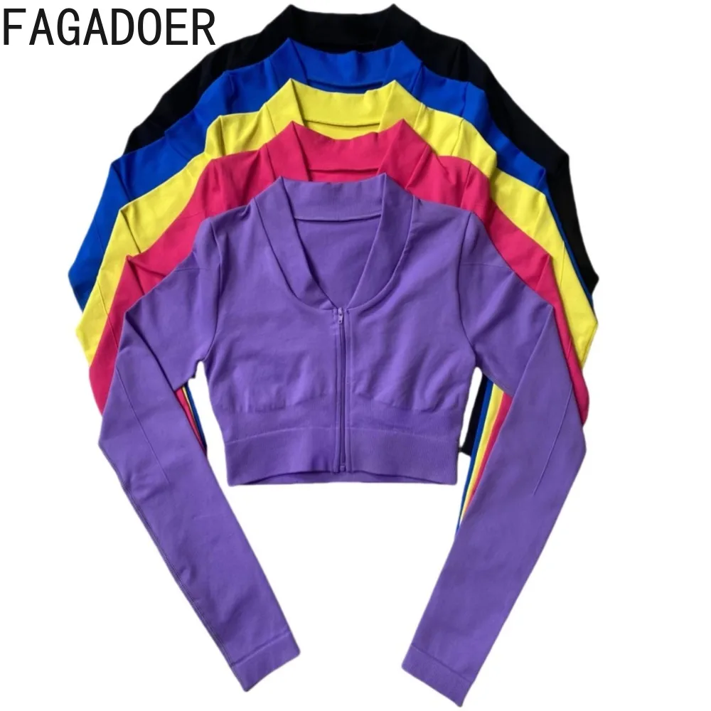 FAGADOER Autumn New Quality 2 Piece Sets Outfit Women Long Sleeve Zip Crop Top + High Waist Flare Pants Suit Sporty Streetwear