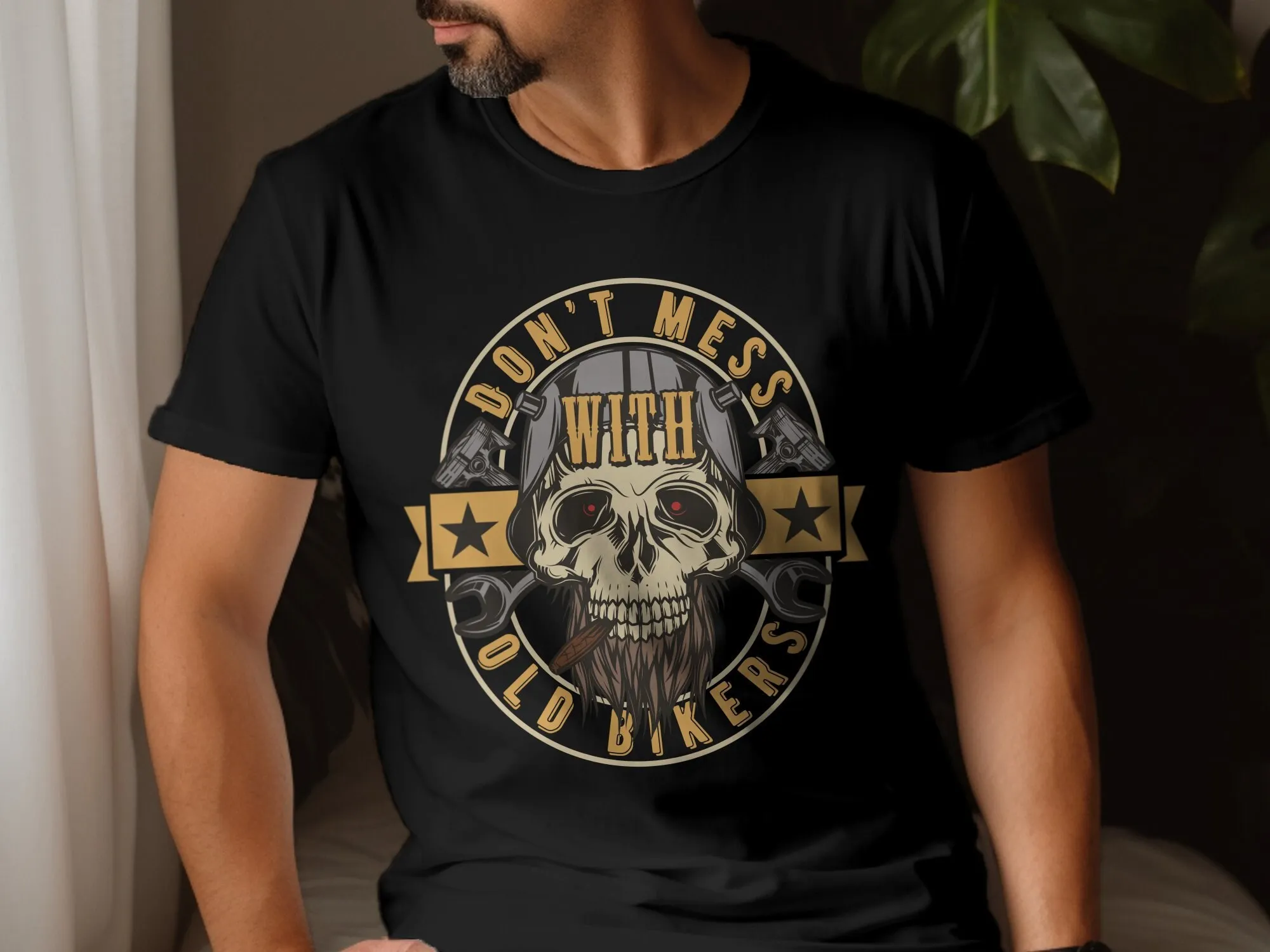 Men's Biker T Shirt Don't Mess with Old Bikers Skull and Crossbones Motorcycle Enthusiast Vintage Inspired Design