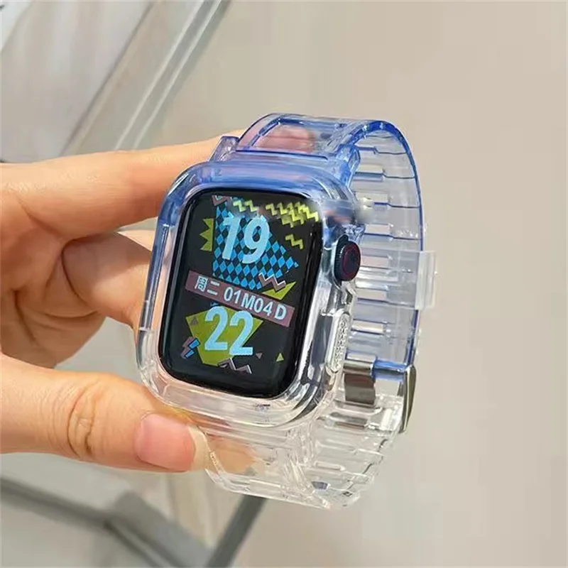 แถบบล็อกสีน่ารัก + เคสเหมาะสำหรับนาฬิกา Apple ซีรี่ส์8 7 6 SE 5 45มม. 44มม. 42มม. 41มม. โปร่งใสสำหรับ iWatch 3 38มม. 40มม.