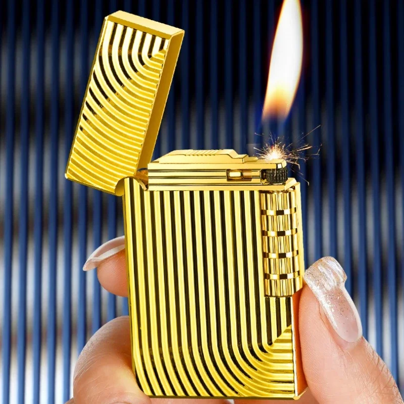 Voice Elegant Open Flame Side Sliding Grinding Wheel Inflatable Inclined Fire Lighter Striped Fine Carving High-end Gift Lighter