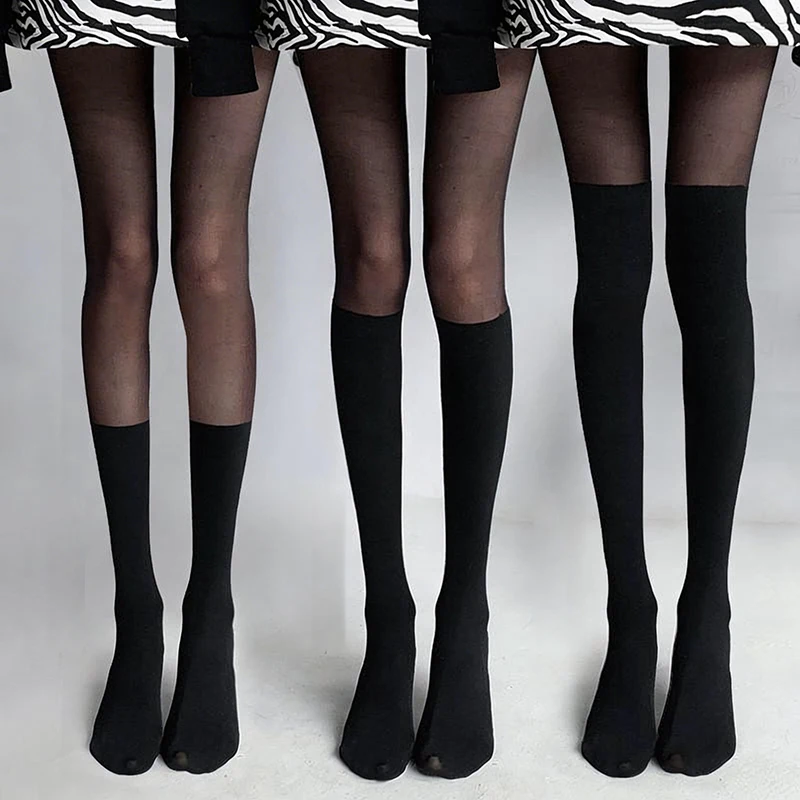 Women's Fake Short Over Knee Socks, Black Patchwork Mid Calf Protective Sheer Pantyhose, Slimming Thin Stockings for Summer