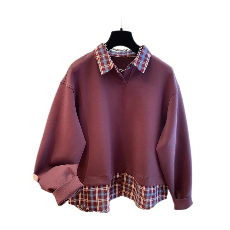 Large size women's patchwork  contrasting long sleeved sweatshirt for autumn students, polo shirt, on top of the clothes