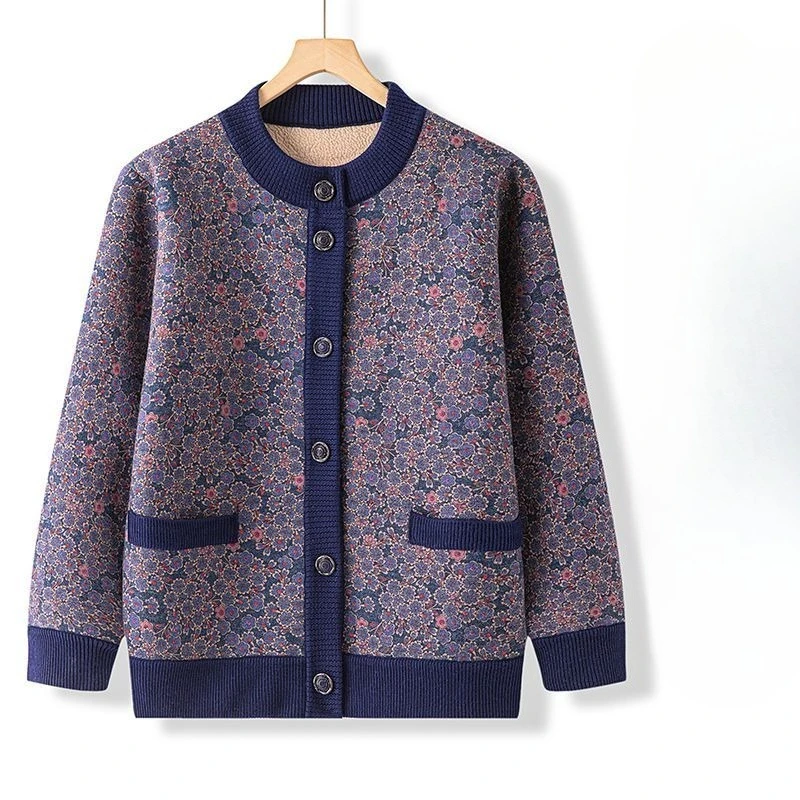 Women's Spring Autumn Blouse Jacket Cardigan Printed Velvet Thickened Warm Middle-aged Simple Comfortable Soft Niche Versatile