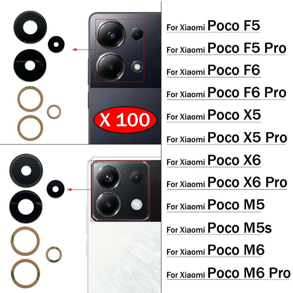 100Pcs，Rear Back Camera Glass Lens For Xiaomi Poco F5 F6 M5 M5s M6 X5 X6 Pro 4G 5G Camera Glass With Glue Adhesive