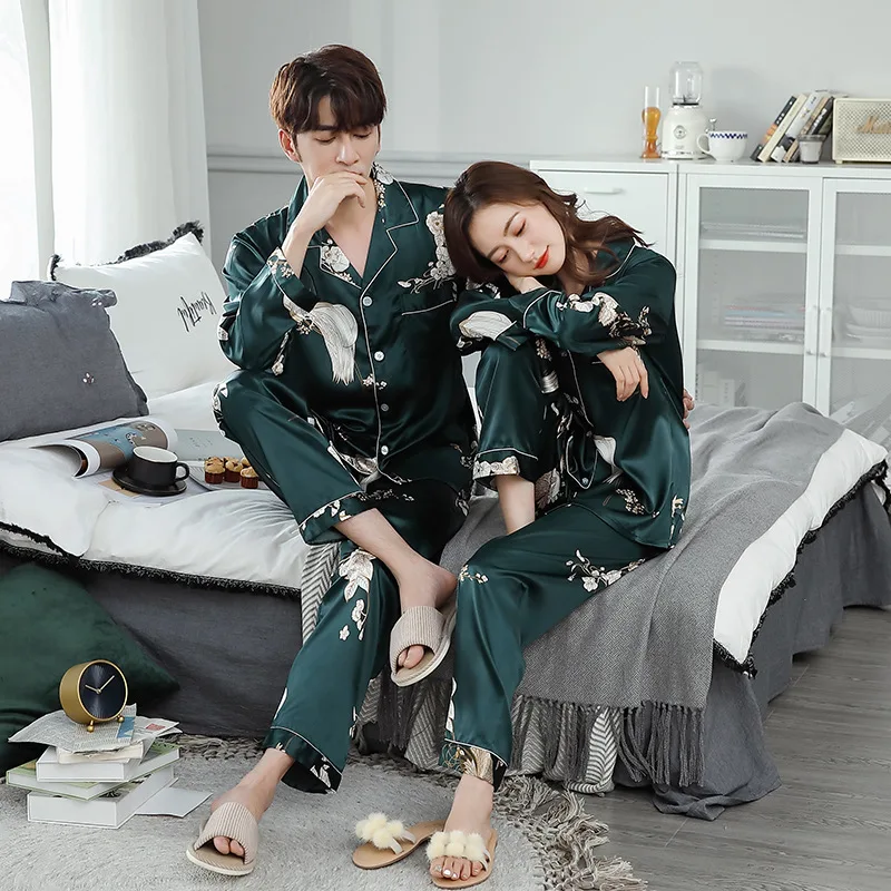 

Couple's Silk Long Sleeve Pajamas Printed Home Clothes Spring Autumn Season Polyester Fiber Long Pants Outdoors Suitable