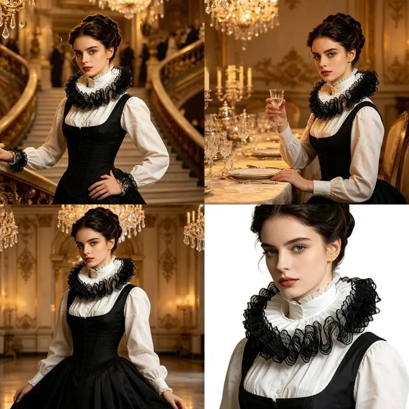 39BD Victorian Detachable Ruffle Collar for Blouses and Knit Tops, Lace Faux Collar Neck Accessory for Photo Styling Stage