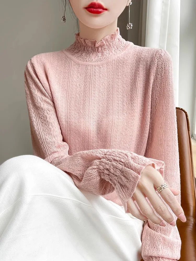 

Женский сладкий тонкий длинный топ с высоким воротником Ele Lace Base irt, нежный дизайн, свободный крой, цвет