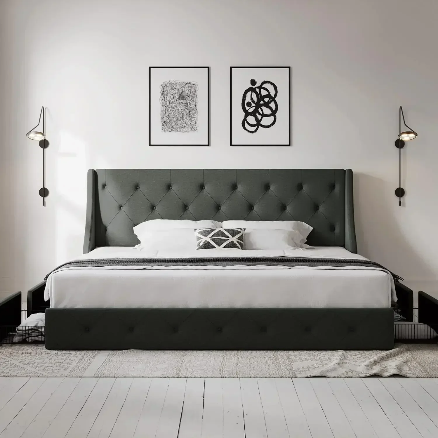 Allewie King Size Bed Frame with 4 Storage Drawers and Wingback Headboard, Button Tufted Design