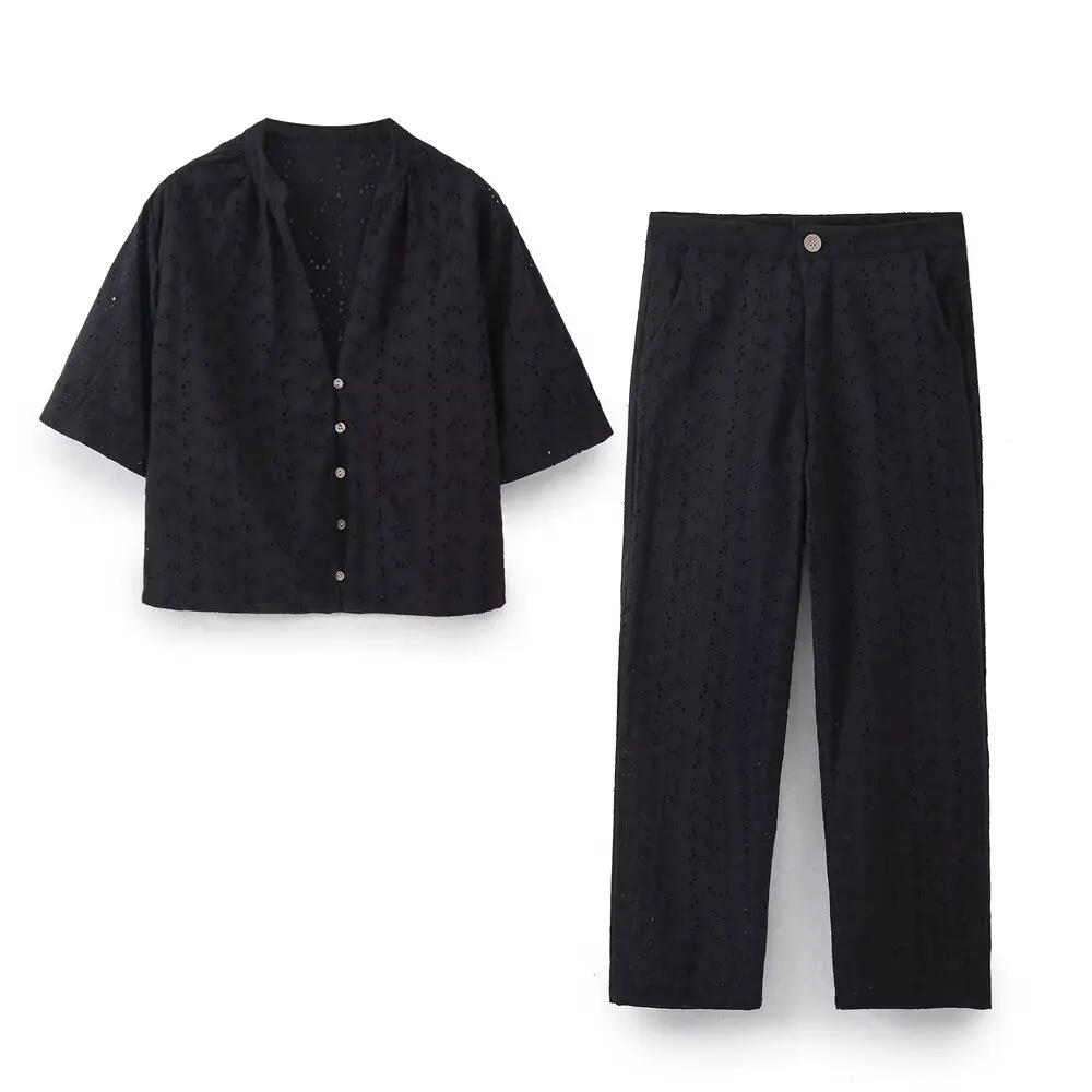 

Women's new fashion casual short V-neck embroidered shirt retro short sleeved button up women's shirt chic top+Pants suit