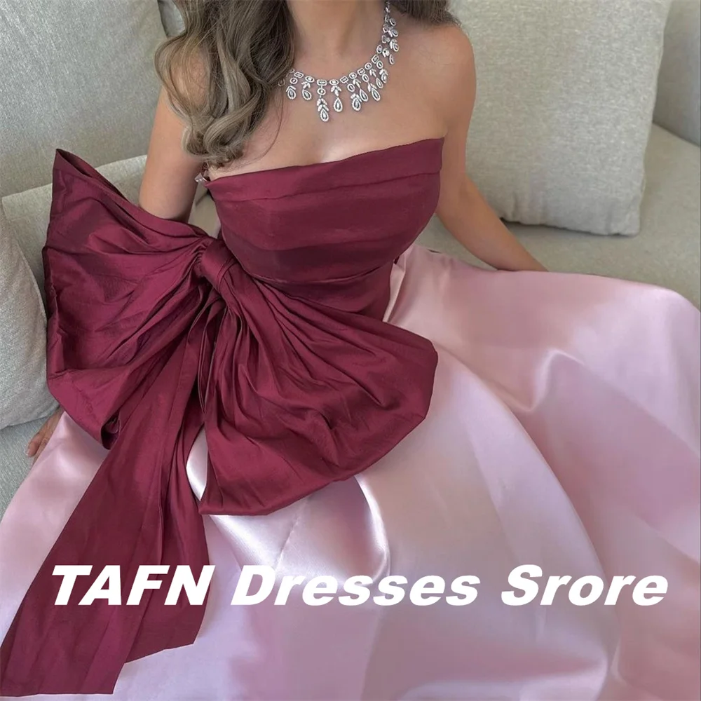 TAFN Princess A-line Formal Evening Dresses Contrast Color Satin Prom Gown Strapless Big Bow Floor-Length Party Dresses