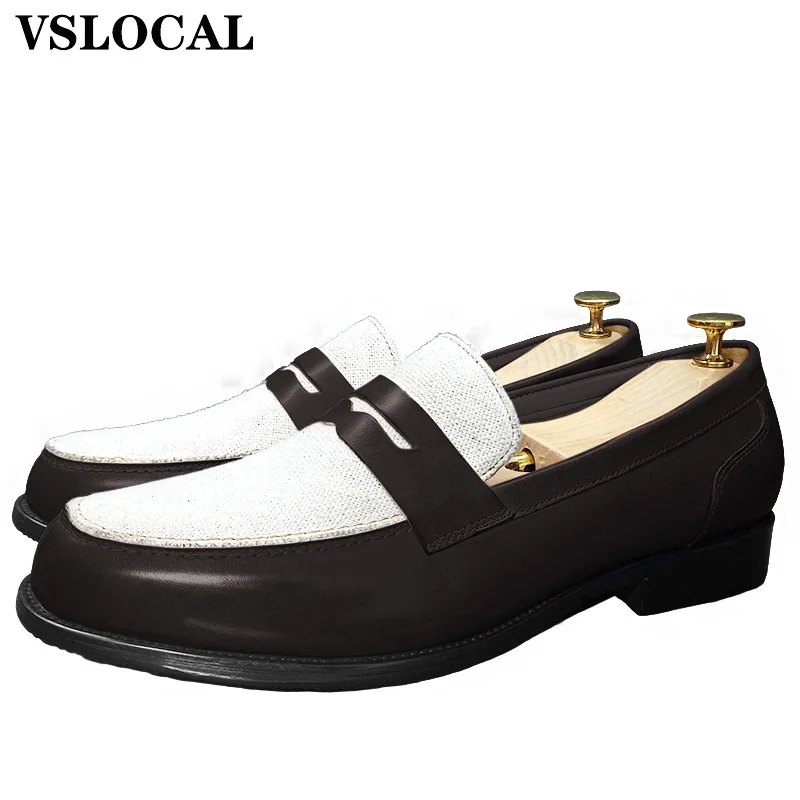 

Luxury Men Shoes Black Brown Slip on Patchwork Canvas Mens Dress Shoes Wedding Banquet Genuine Leather Loafers Shoes Men