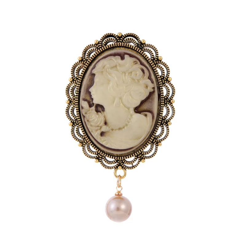 Elegant Queen Cameo Beauty Head Pearl Water Drop Women Brooch Lapel Pins Wedding Banquet Jewelry Gifts Clothing Coat Accessories