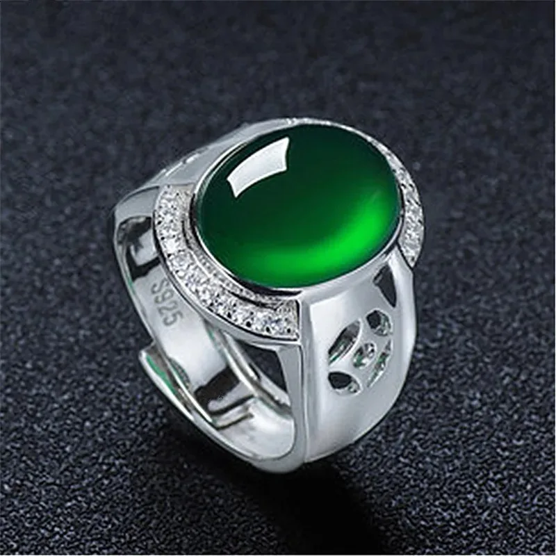 Natural Green Chalcedony Hand Carved Jade Ring Fashion Boutique Jewelry Men's and Women's Agate Opening Adjustable Ring Gift 2