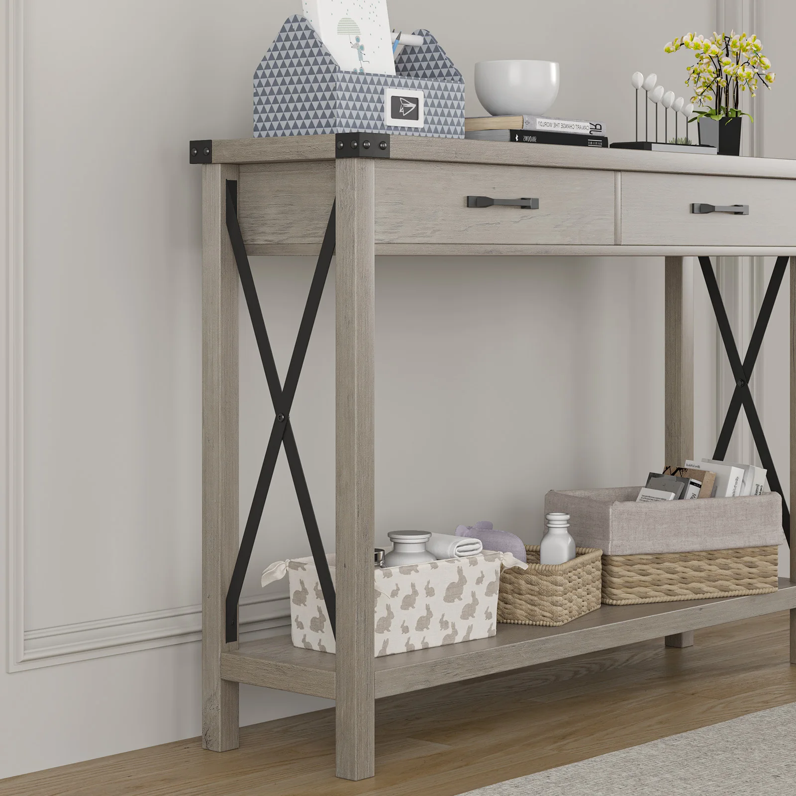 Wooden Foyer Table, Farmhouse-Inspired Console Table with 2 Drawers, Storage Sofa Table for Living Room and Hallway