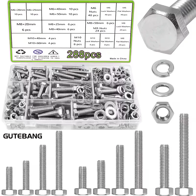 A 288-piece set of M6, M8, and M10 metric hex bolts, nuts, and washers, made of stainless steel