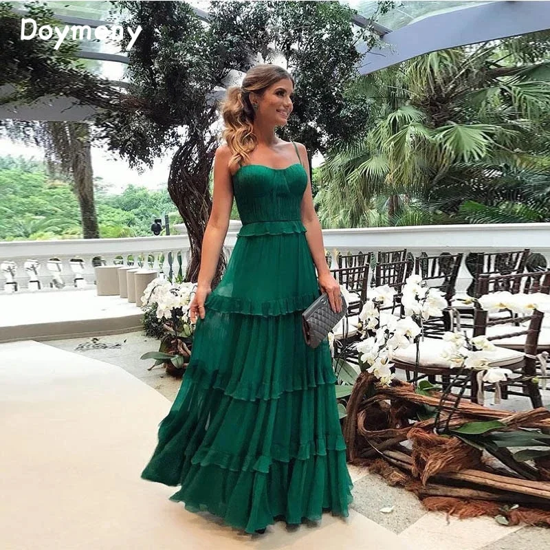 Doymeny Tiered Prom Dresses Chiffon Spaghetti Straps A-line Evening Dresses Elegant Sleeveless Long Party Dresses Vestidos Robe