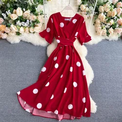 YuooMuoo Women Dress 2025 New Korean Fashion Polka Dot Print Long Summer Dress Vacation Style Sash Bandage Big Swing Beach Dress