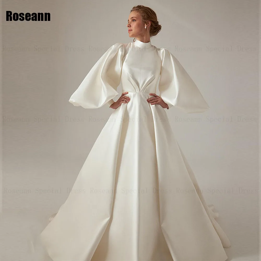 Muçulmano A-Line Vestidos De Noiva De Cetim, Draped Plissado Vestido De Noiva, Colarinho Alto, Dobra De Marfim, Puff Manga, Até O Chão, Robe