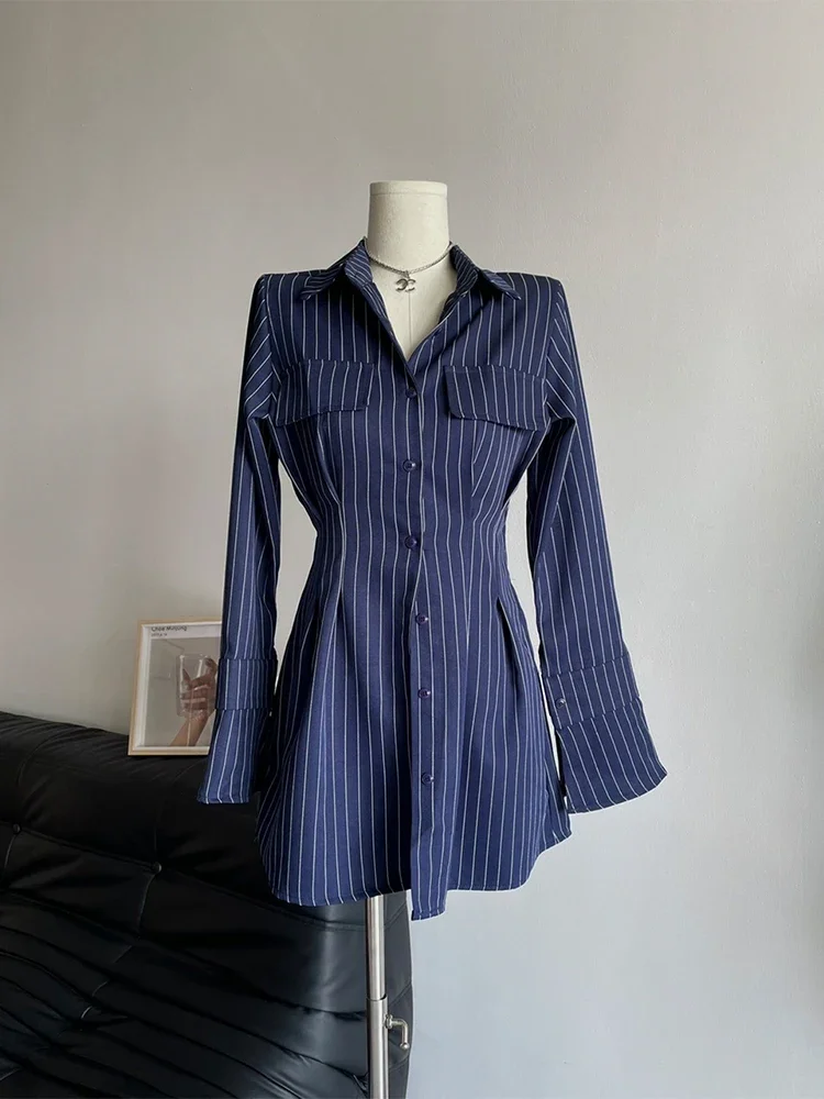 

Полосатое платье-рубашка с длинным рукавом, однобортная туника, тонкая винтажная летняя женская корейская модная офисная женская одежда, комплект из 2 предметов