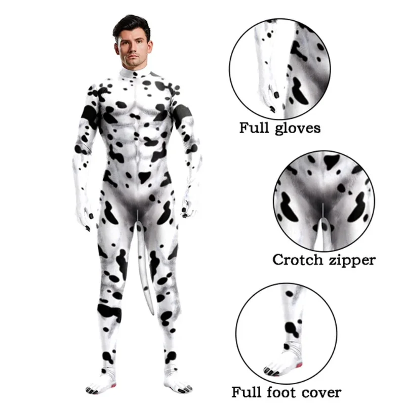 Zawaland Halloween Bodysuits Male Adult Costume With Tail Full Cover Elastic Zentai Suit Cosplay Animal Dragon Print Catsuit