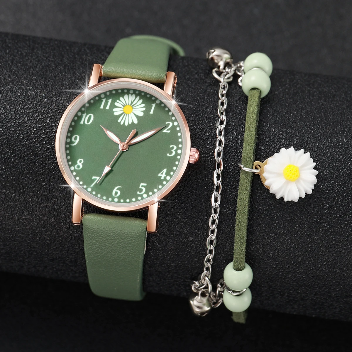 2Pcs/Set Fashion Women Girls Leather Strap Flower Quartz Watch & Bracelet Set