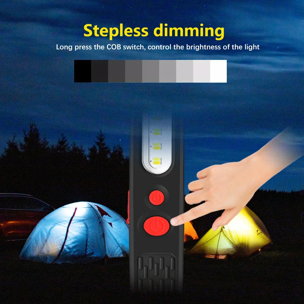 Powerful COB LED Work Light USB Rechargeable Flashlight Magnetic Auto Repair Lights Stepless Dimming Waterproof Torch