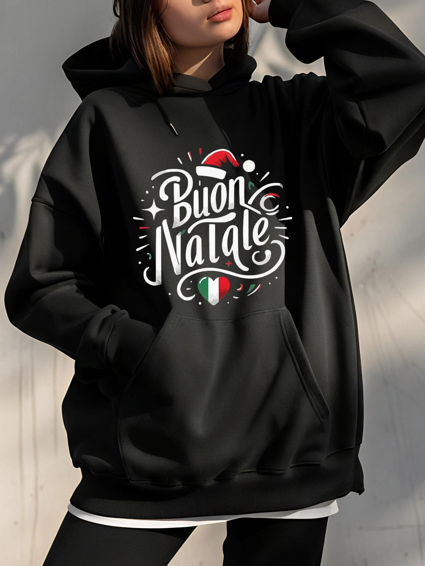 

Толстовка с рождественским принтом в повседневном стиле, праздничный дизайн, итальянский флаг, женская уличная одежда, городской наряд, праздник