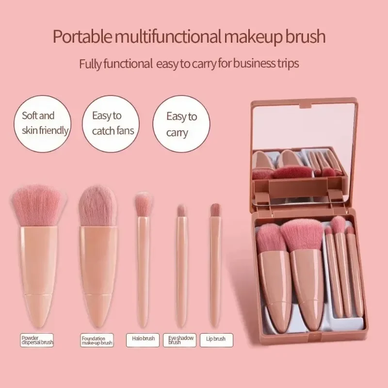 5PCs Portable Makeup Brushes Set With Mirror Box Mini Cosmetic Brush Foundation Powder Lip Eyeshadow Brush Travel Make Up Tools