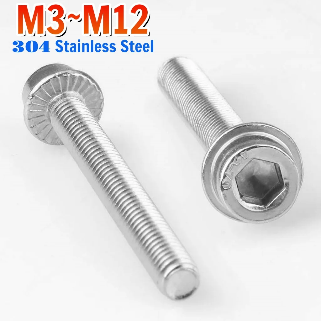 M3 M4 M5 M6 M8 M10 M12 Flange Socket Cap Screw 304 A2 Stainless Steel Allen Cap Bolts With Tooth Flange Pad
