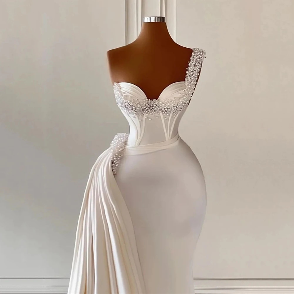 

MisShow Trumpet Women Evening Dresses Pearls Sexy Satin One Shoulder Wedding Party Prom Gown Slim Tight Maxi Vestido Custom Made