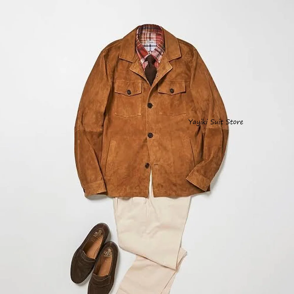 

Мужской пиджак-блейзер, однобортный, из высококачественной искусственной замши, повседневный, с отложным воротником, в городском стиле