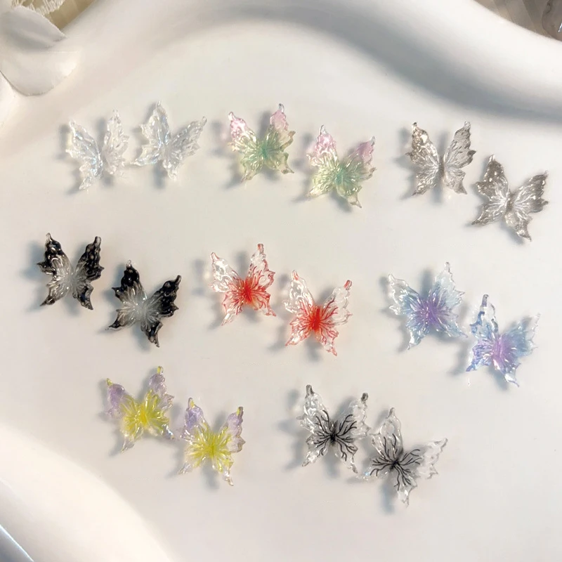 20pcs Ice Through Temperature Softening Butterfly Nail Accessory 3D Gradient Color Butterfly Wearing Nail Resin Drill Decoration
