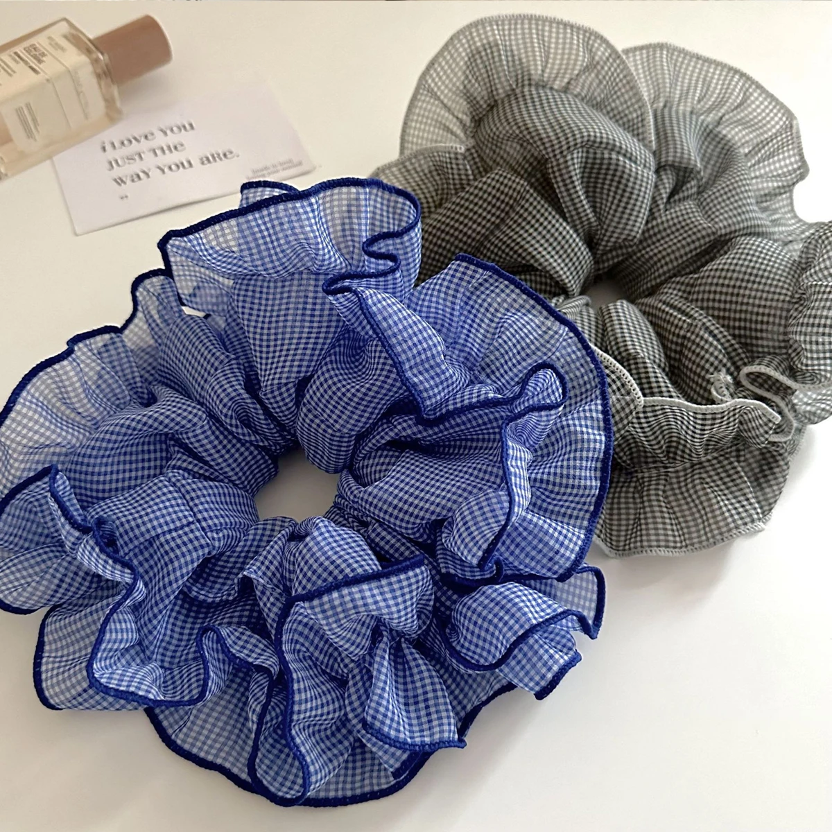 1pc Korean style blue-gray plaid lace hair tie, elegant and simple, fluffy bun ring, large hair rope for the back of the head