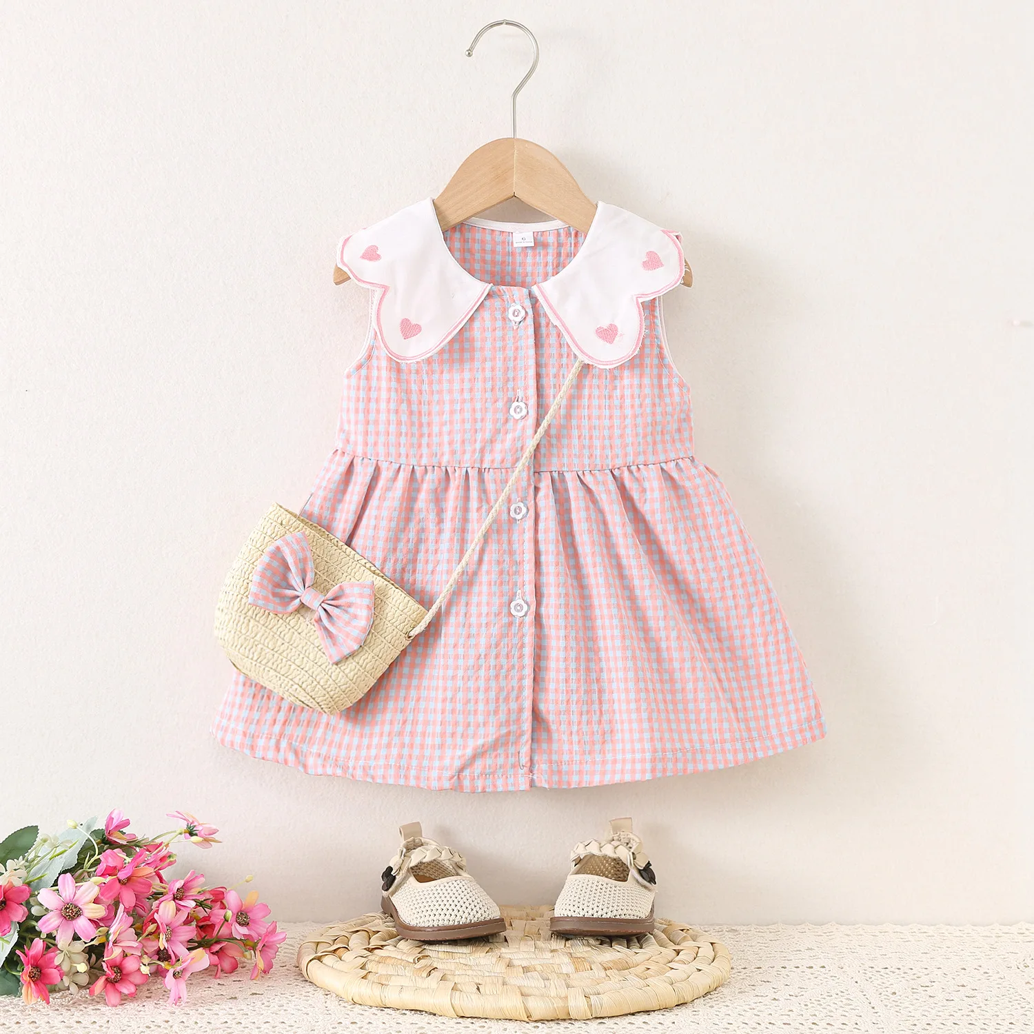 Children's Clothing Girls' Summer Plaid Love Dress Summer Thin Skirt Free Bamboo Basket Satchel fashion casual
