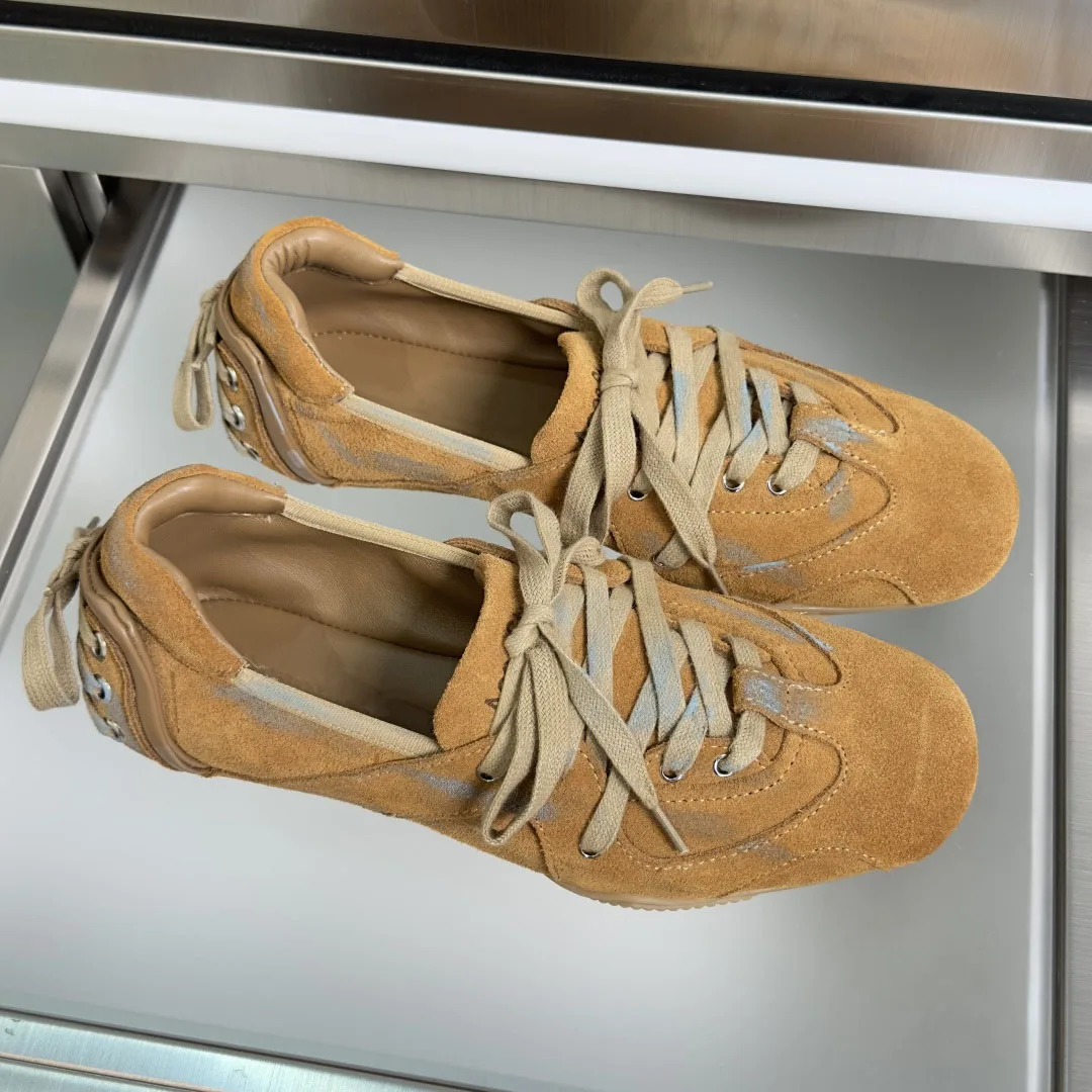 

Women Leather-trimmed Paneled Suede Sneakers Round Toe Lace-up Front Ties At The Back Shoes