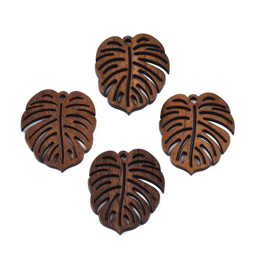 Pandahall 50Pcs Walnut Wood Pendants Brown Natural Wooden Monstera Leaf Charms Component Links For Earrings DIY Crafts Jewelry