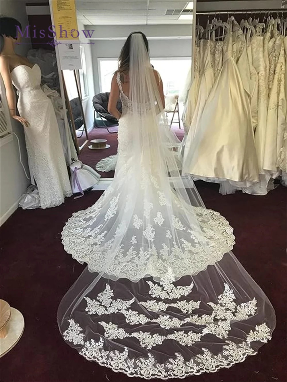 MisShow Ivory Lace Edge Veils for Brides Wedding Accessories Cathedral Embroidered Long Wedding Bridal Veil With Comb