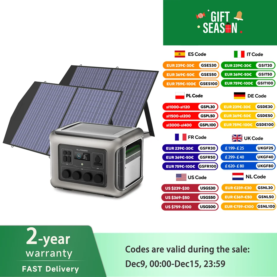 ALLPOWERS R2500 Generador solar 2500W (pico de 4000W), central eléctrica portátil LiFePO4 de 2016Wh con panel solar 4 salidas de CA para el hogar