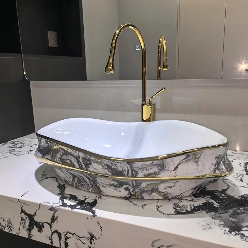 

Wave Shaped Irregular Bathroom Sinks Countertop Sink Light Luxury Ceramic Single Basin Home Balcony Washbasin Bathroom Fixture