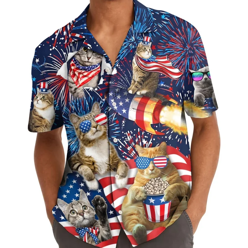 

Raccoon Cat Graphic Hawaiian Shirt For Men America Flag 3D Printed Short Sleeve Summer Loose Street Aloha Shirts Lapel Blouses