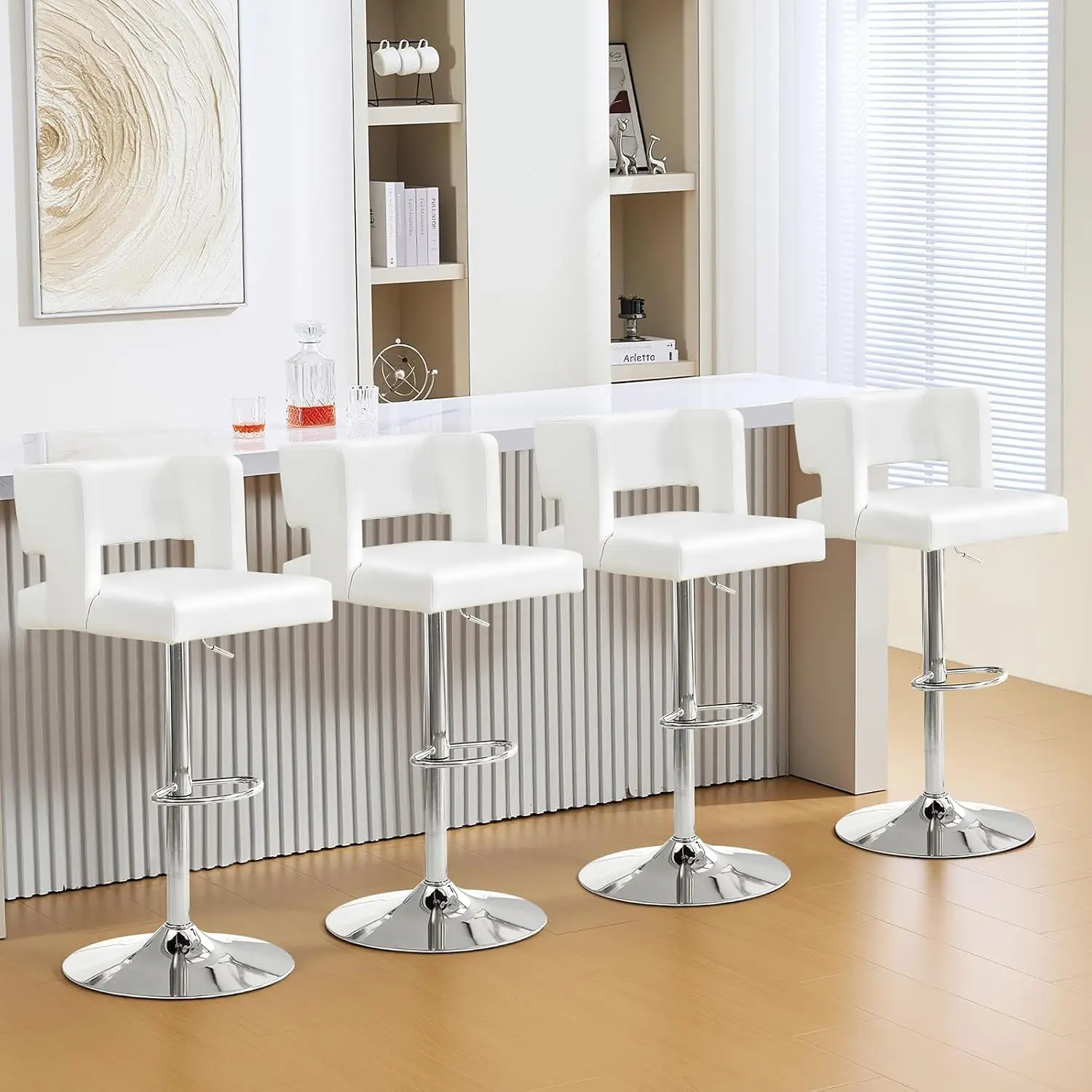 Adjustable Swivel Bar Stools with Leather Cushion for Kitchen Island Counter Dining, Set of 4, White & Silver, Customized