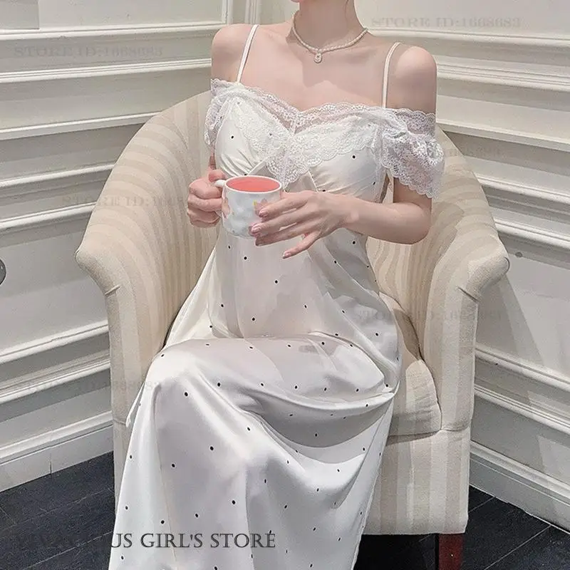 Sexy Off Shoulder Lace Nightgown Women Chemise Sleepwear Silky Satin Long Nightdress Loungewear French Court Style Home Dress
