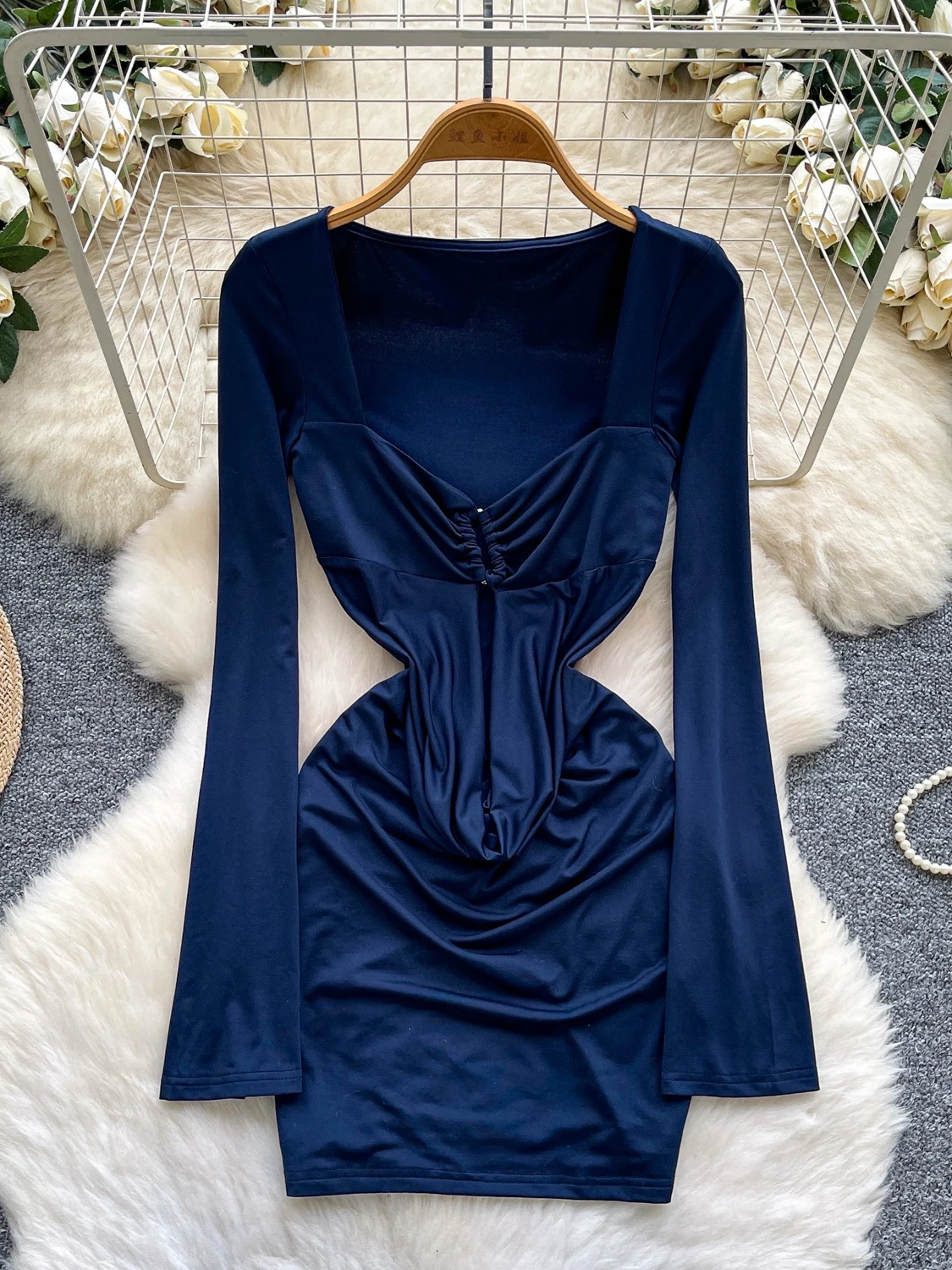 Foamlina Solid Metal Buckle Square Neck Long Sleeve Mini Dress Women Fashion Cut Out Draped Slim Bodycon Sexy Midnight Clubwear