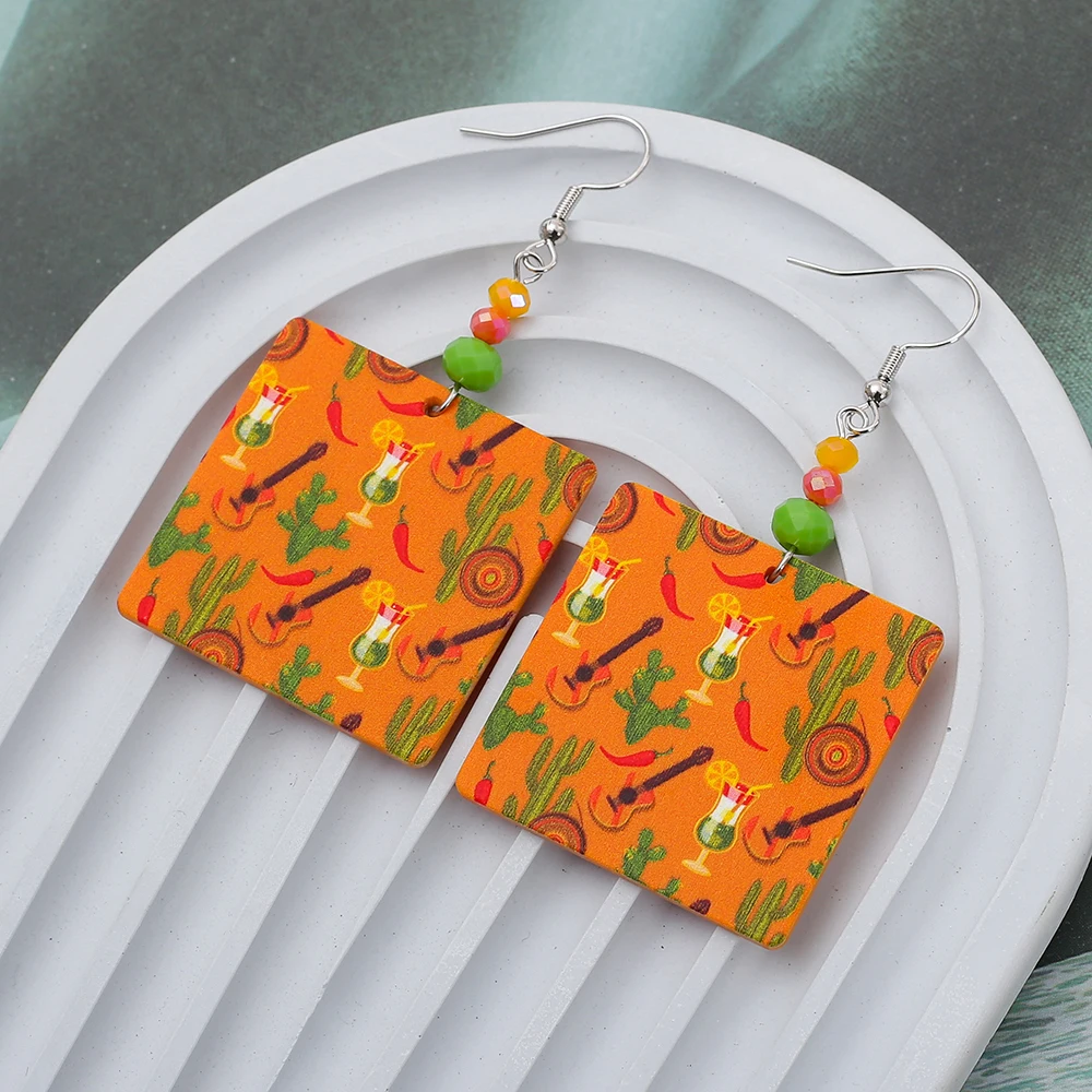 Fashion New Casual Party Accessories Green Orange Style Guitar Cocktail Pattern Acrylic Earrings For Women Elegant Girls Jewelry