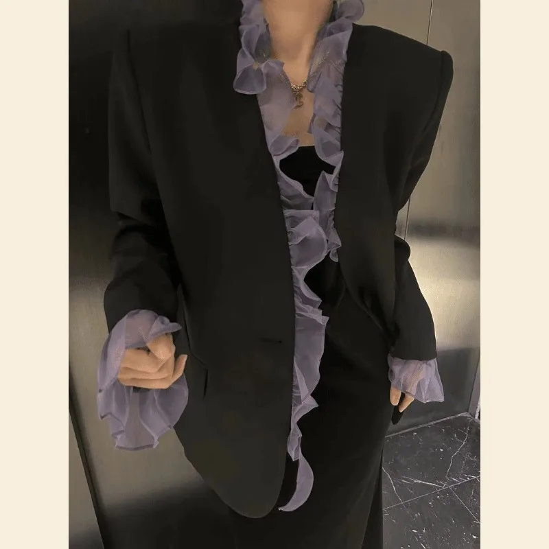 

Heavy-duty Mesh Wood Ear Suit Jacket Women's Autumn Retro Suit