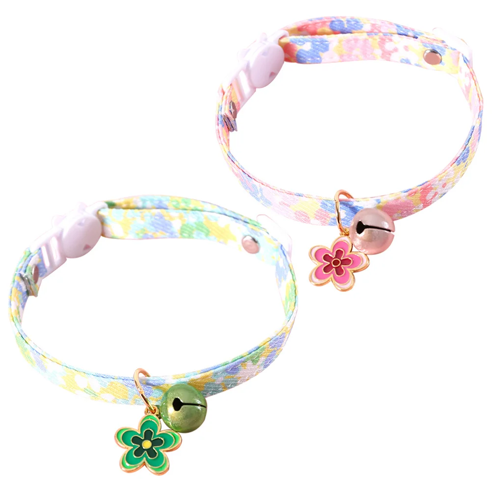 

2Pcs Floral Print Cat Collar with Flower Bell Charm Adjustable Safe Buckle Breathable Cotton Pet Accessory for Cats Small Dogs