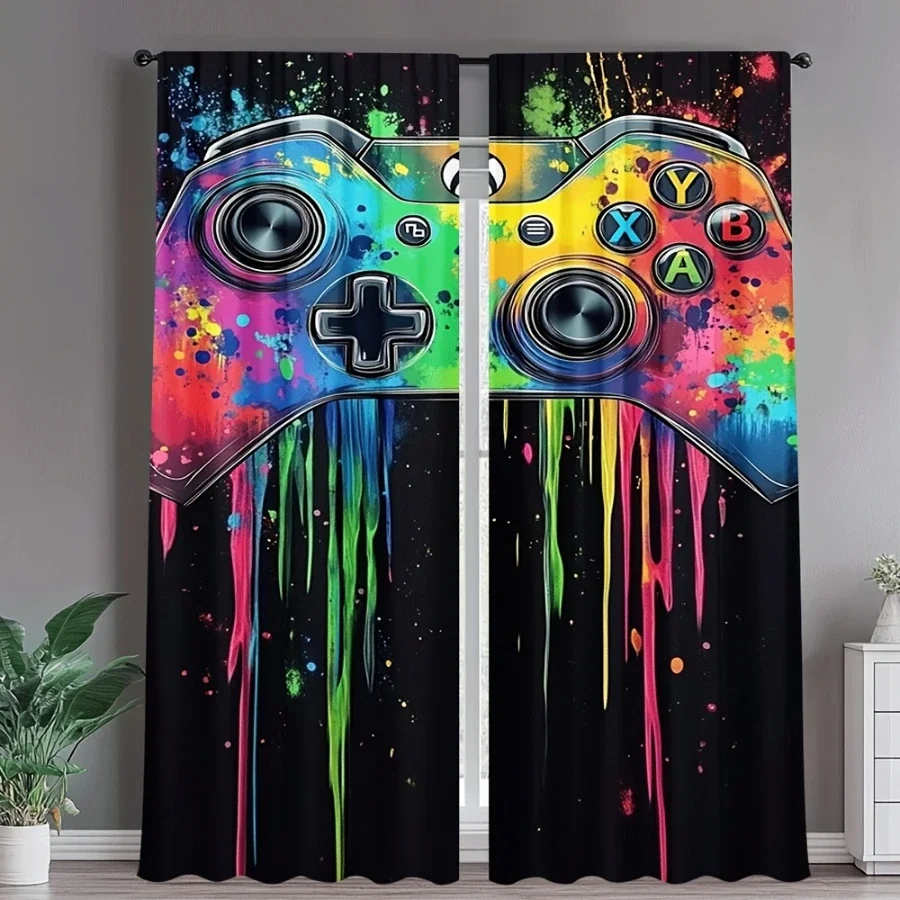 Vibrant Video Game Controller Curtain Black Background Colorful Paint Drip Style Home Decor Window Curtain